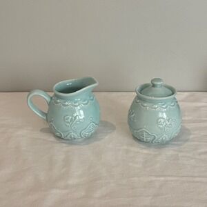 Vera Bradley Creamer and Sugar Bowl Set OS Blue Floral Embossed Ceramic *FLAW